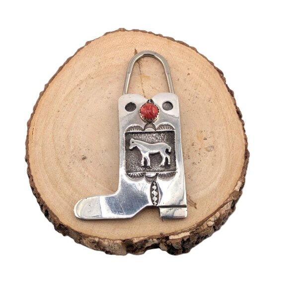 Native American Western Cowboy Boot with Coral Stone Key Fob Handmade Accessory* - Picture 4 of 6